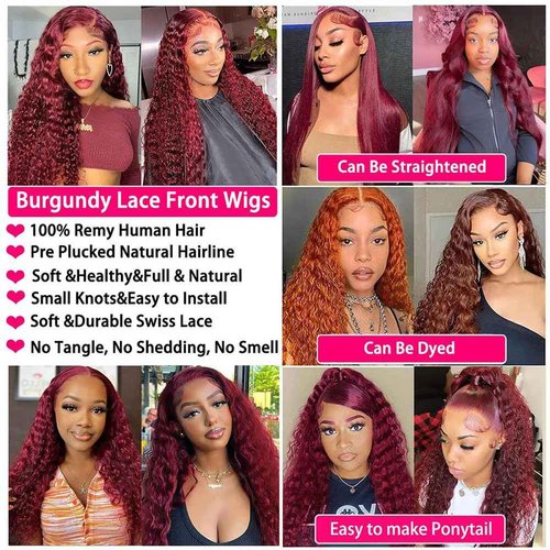 ZHUO JIA 99J Burgundy Deep Wave Lace Front Wigs Human Hair for Black Women 13x4 HD Lace Frontal Wigs Human Hair Pre Plucked 180 Density Red Colored Deep Curly Wet and Wavy Glueless Wig 26 Inch