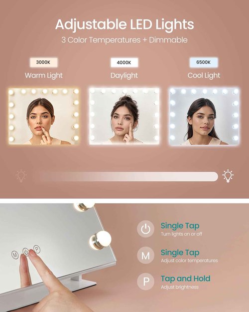 SONGMICS Vanity Makeup Mirror with Lights, Touch Control, 15 LED Bulbs, with Charging Ports, Detachable 10X Magnifying Mirror, 3 Color Temperatures, Dimmable, Phone Holder, Matte White ULWM001W01V1
