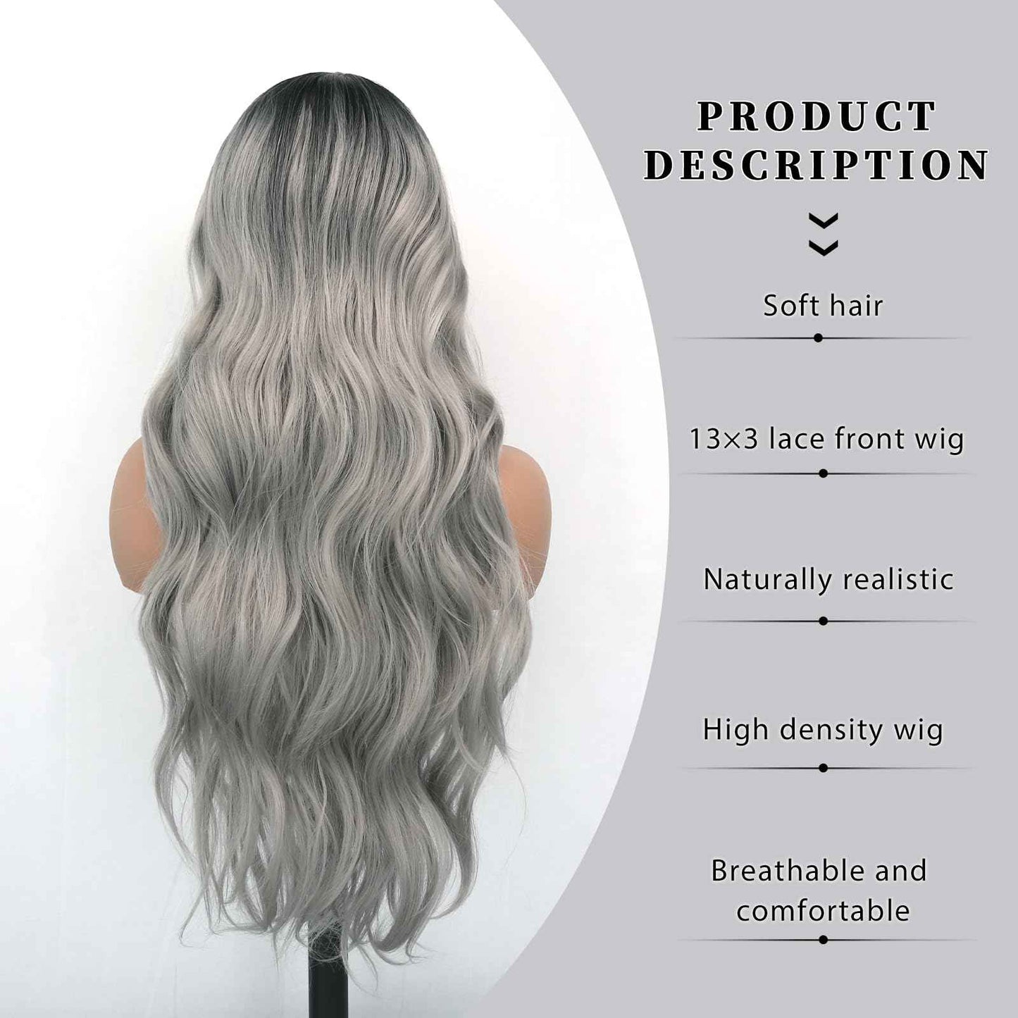 Oxeely Ombre Gray Synthetic Lace Front Wigs Long Wave Wigs Natural Looking Glueless Synthetic Lace Wigs Heat Resistant Fiber Hair Ombre Silver Gray Wigs for Women Daily Use