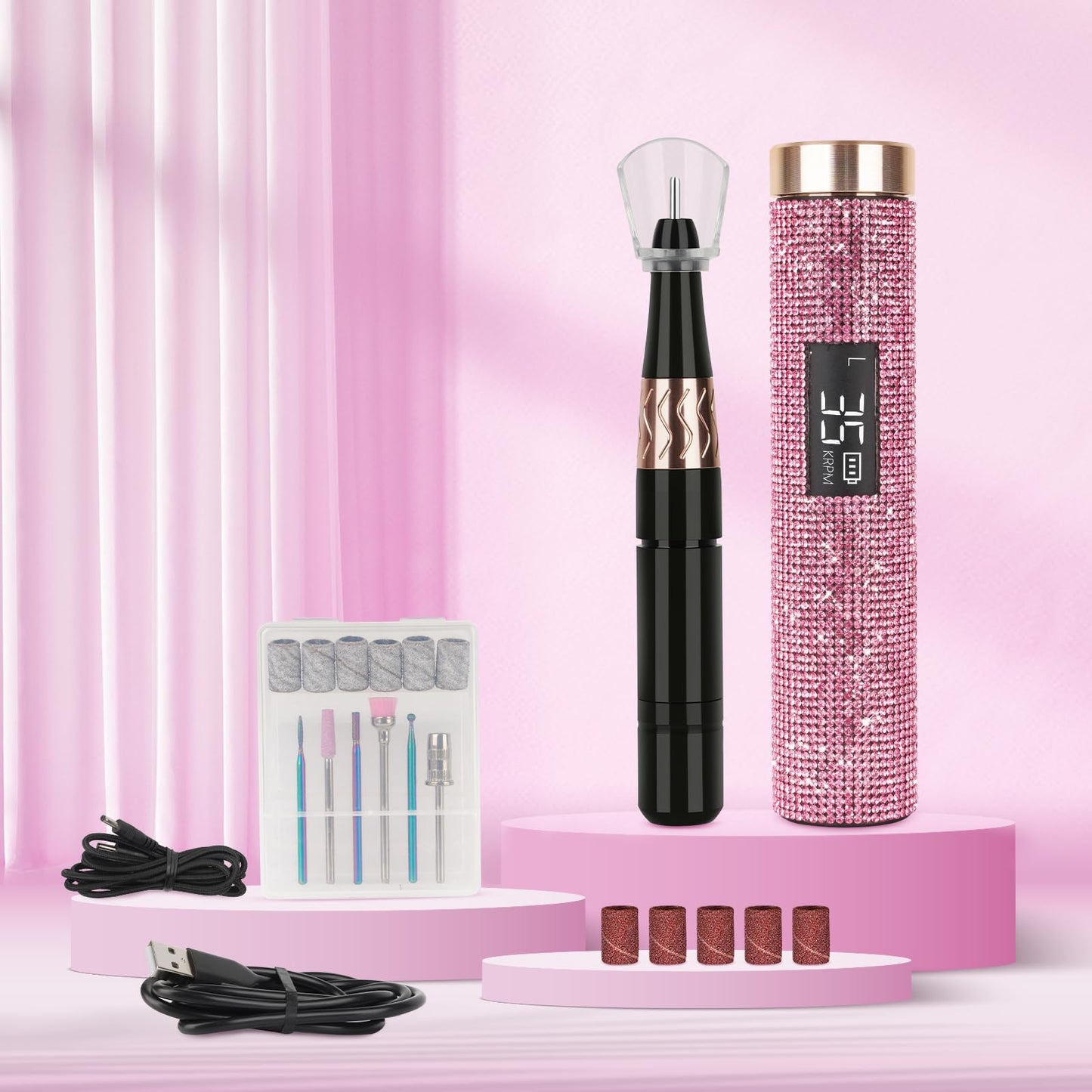 Lavinda Portable Nail Drill Electric File, 35000RPM Professional Rechargeable E-File Machine with Bits, Cordless Nail Drill Machine with Coreless Motor for Acrylic Nails, for Manicure Salon Home,Pink