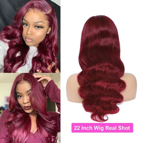Burgundy 13x4 Lace Front Wigs Human Hair Body Wave Glueless Wine Red 99j Colored Pre Plucked with Baby Hair 180% Density HD Transparent Lace Frontal Wigs for Women (20", Burgundy)