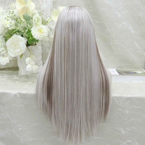 IMSTYLE Sliver Mist Grey with Highlights and Dark Roots 28 Inches Free Part Synthetic Lace Front Wig