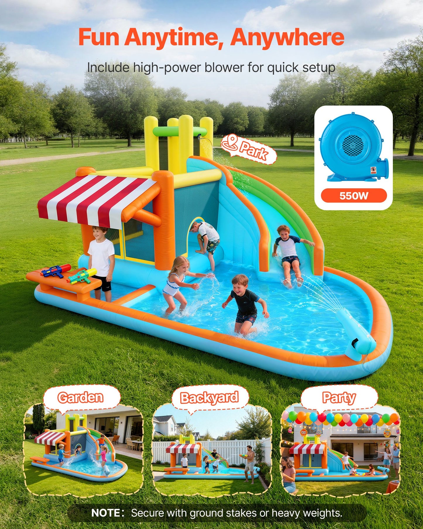 Inflatable Water Slide Bounce House for Kids - 14.9x12.8ft with Splash Pool & Market Booth