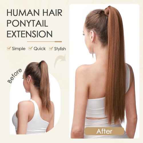 Benehair Ponytail Extension Wrap Around Ponytail Hair Extension with Magic Paste Human Hair Natural 14inch Long Straight One piece Hairpieces for Women Adding Volume Bleach Blonde #613