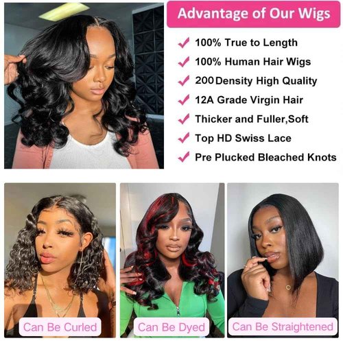 Urbansister 13x6 HD Lace Front Bob Wig Body Wave Human Hair Pre Plucked with Baby Hair Hd Transparent 16 Inch Short Bob Wig 200 Density Natural Black