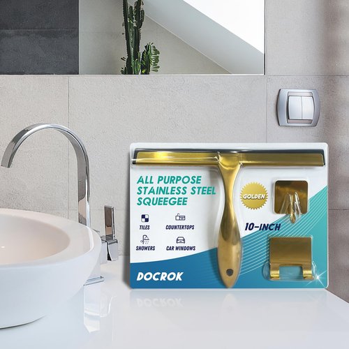 All-Purpose Stainless Steel Shower Squeegee for Shower Doors with 2 Adhesive Hooks, Bathroom Cleaner Tool Household Window Mirror Squeegee for Home Cleaning, Glass Door, Tile Wall, Car, 10 Inch Golden