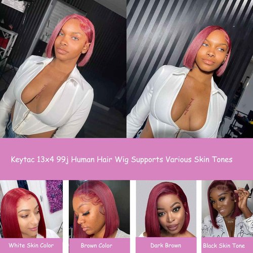 Keytac 99j Burgundy Bob Wig Human Hair 13x4 Lace Front Wigs 12 Inch Short Straight Wine Red Bob Wig Pre Plucked 180% Density Natural Hairline Wigs for Black Women