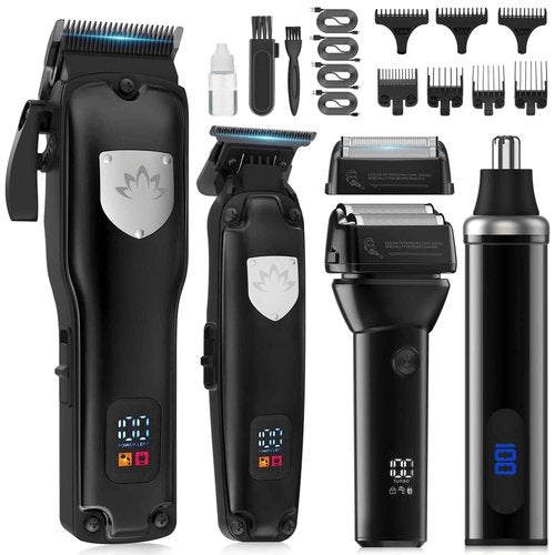 Karrte Professional Hair Clippers and Trimmer Set for Men, T-Shaper Trimmer & Foil Shaver, Nose & Ear Hair Trimmer, Cordless Clippers and Grooming Set, Hair Cutting Kit with LED Display Black