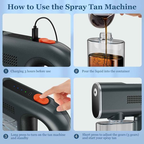 Professional Spray Tan Machine - 3 Different Strength Spray Levels - 40Min Long Lasting - Portable and Rechargeable Cordless Spray Tan Gun for Self Tanning Travel Beach Salon Home Use Grey