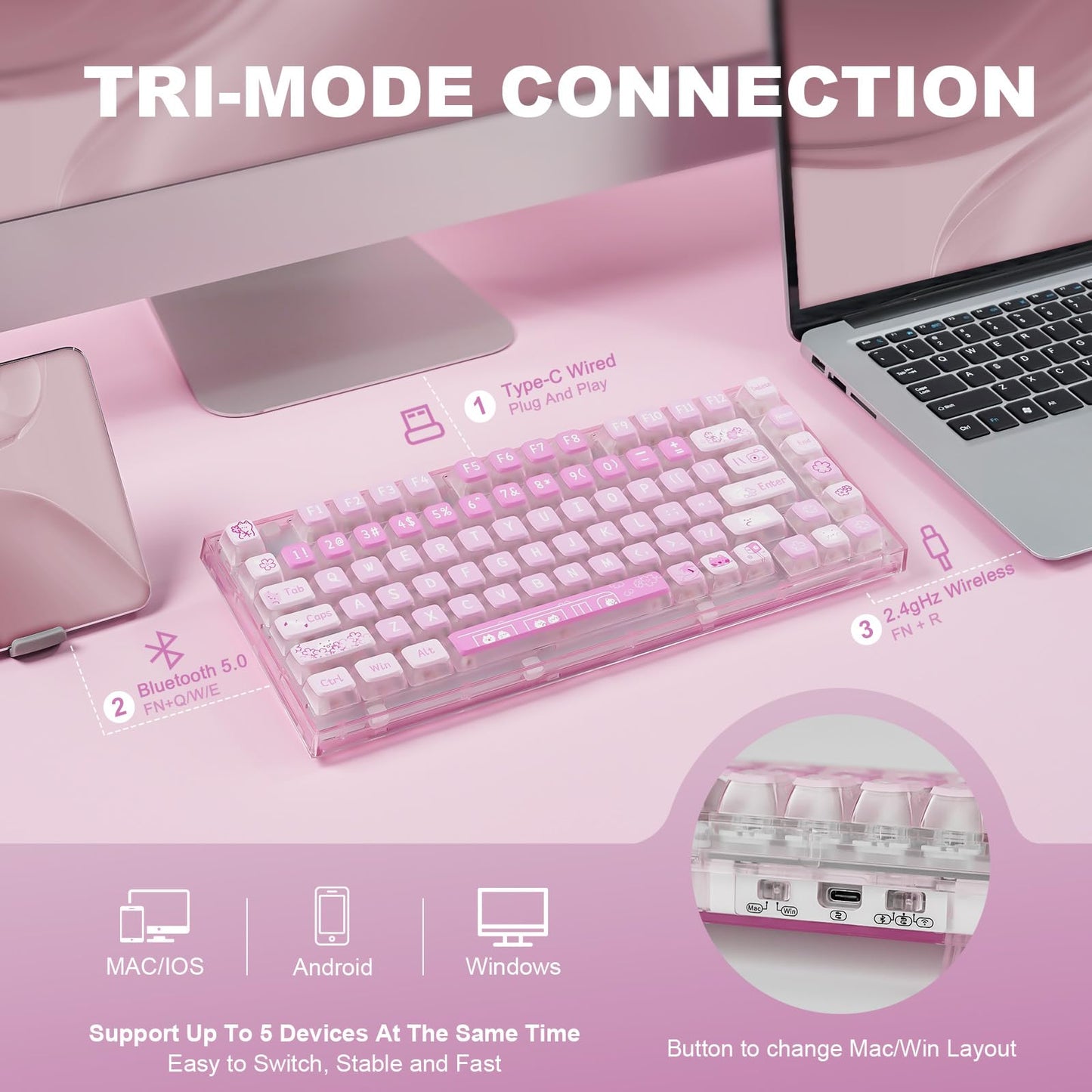 YUNZII X75 PRO 82 Key Wireless Hot Swappable Mechanical Gaming Keyboard with Transparent Keycaps,BT5.0/2.4G/USB-C, Gasket Mount Keyboard,for Windows/Mac (Kailh Jellyfish Switch, Wireless-Pink)