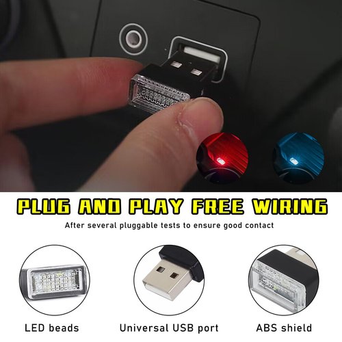 Augeny 4 PCS USB LED Car Interior Atmosphere Lamp, Plug-in USB Decor Night Light, Portable Auto Ambient Lighting Kit, Universal Vehicle Interior Accessories for Most Cars (2 Red+2 Ice Blue)
