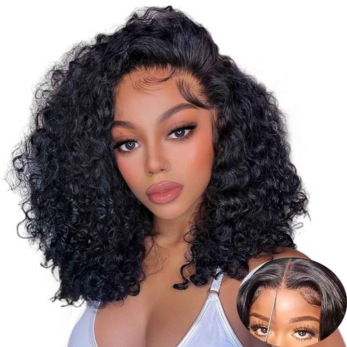 HENGROSE 5x8 Bob Wig Human Hair Glueless Wigs Human Hair Pre Plucked Pre Cut Deep Wave HD Lace Closure Wigs Human Hair 210% Density Wear And Go Glueless Wig (14inch)