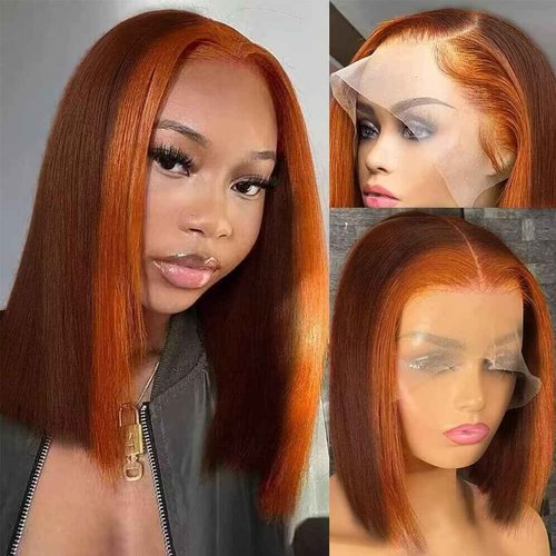 Goldfinch Ginger Orange Highlight Skunk Stripe Short Bob Wigs Human Hair Ombre 13x4 HD Chocolate Brown Straight Lace Frontal Bob Wigs Brazilian Virgin Wig 150% Density Pre Plucked 14 Inch