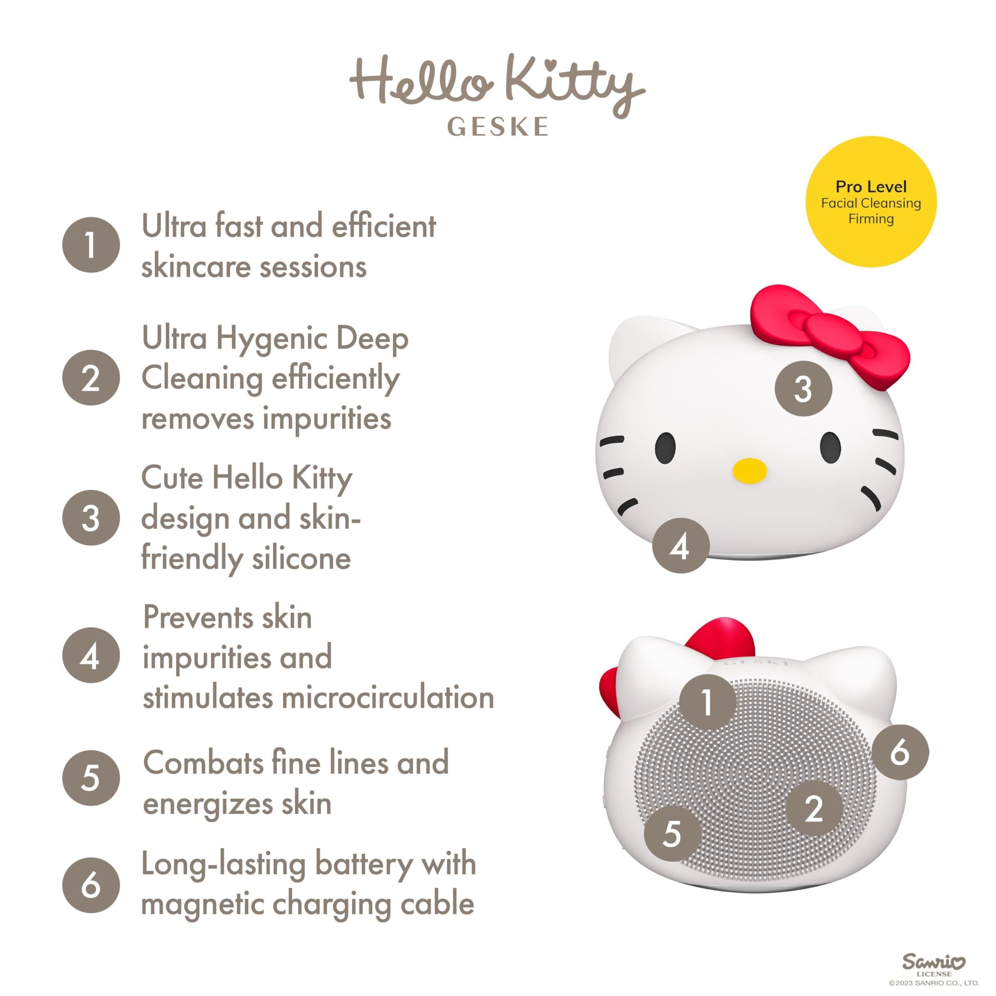 GESKE x Hello Kitty SmartAppGuided™ Sonic Facial Brush | 4 in 1 | Electric Facial Cleansing Brush | Cleansing Brush | Vibrating Facial Brush | Skin Cleansing | Skincare | Gentle Face-Cleansing