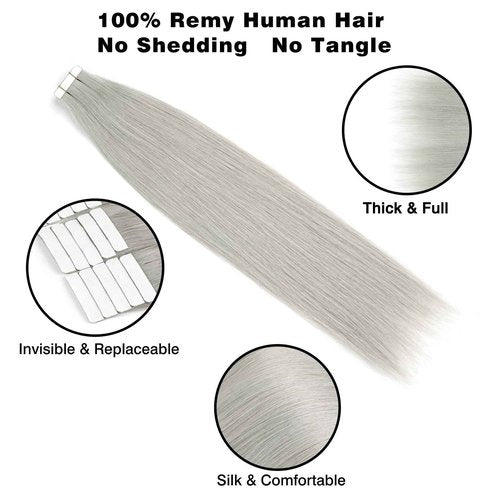 Sassina Tape in Hair Extensions Human Hair Invisible Seamless Skin Weft Human Hair Tape in Extensions Silver Gray Double Side Reusable Human Hair Extensions 14 Inch 50 Gram 20pcs