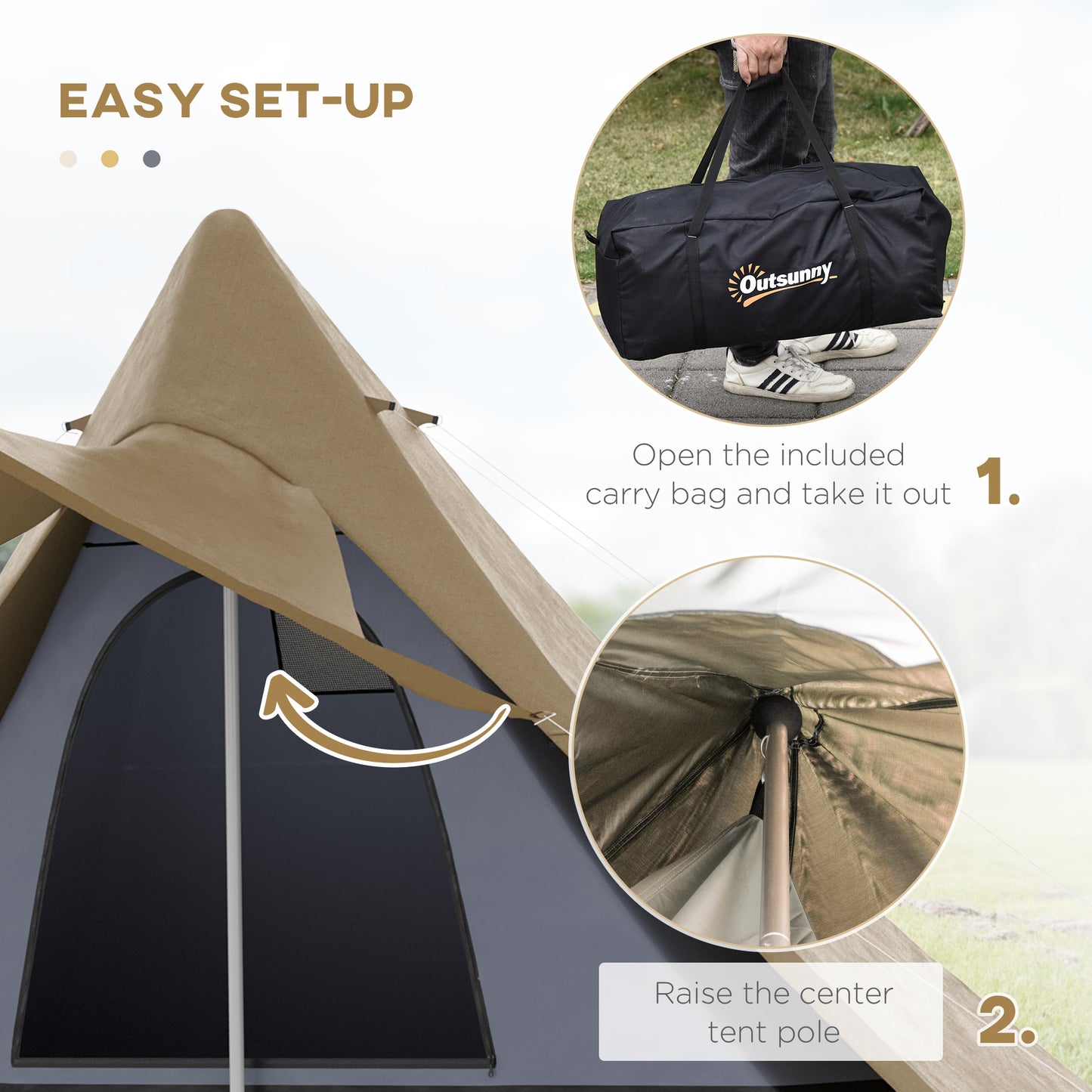 Waterproof Teepee Tent with Porch Area for 2-3 Persons - Coffee