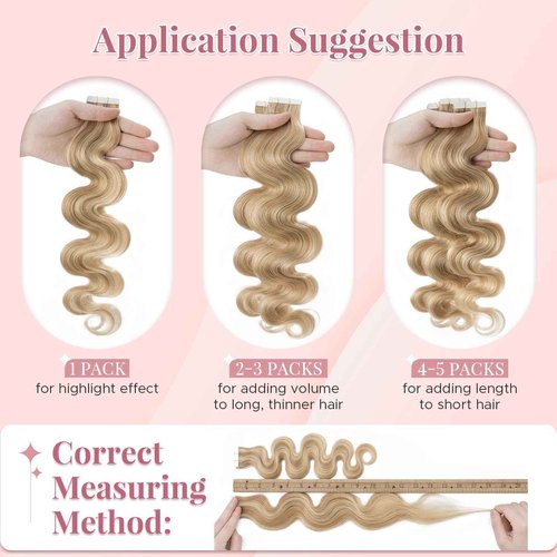 SEGOHAIR Wavy Tape In Hair Extensions Real Human Hair with Double-Sided Adhesive Professional Hair Extensions for Women 40pcs Body Wave 18 Inches Dark Blond Mixed Bleach Blond