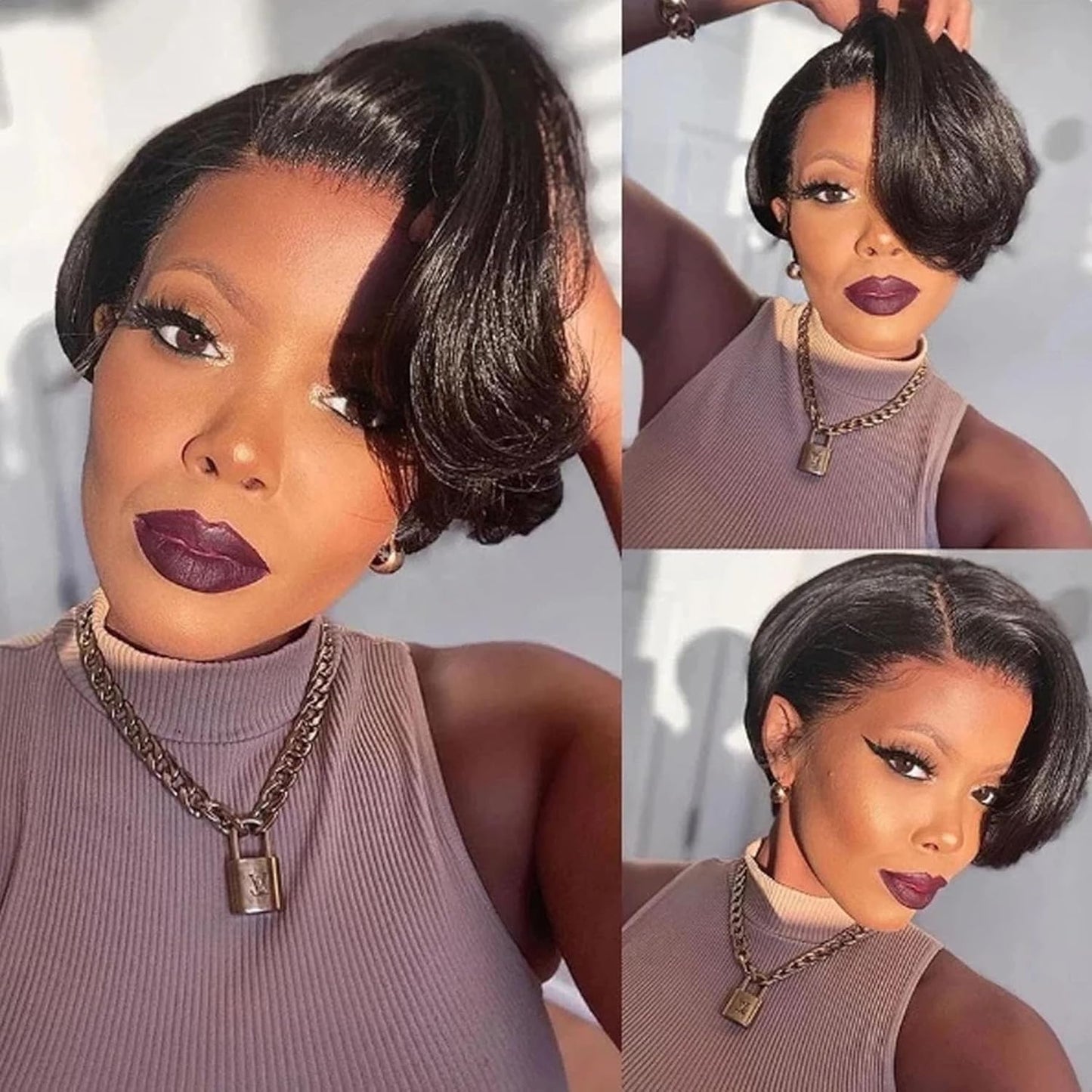Human Hair Straight Bob Pixie Cut Wig Natural Black 13X4 HD Lace Front Wig with Baby Hair Side Part Virgin Glueless Brazilian Remy 150% Density for Black Women 6"