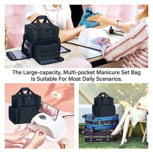 UOZL Nail Polish Organizer Case Holds 80 Bottles & Nail Art Lamp,Portable Large Capacity Storage with 2 Removable Bags Store Nail Art Tools,Suitable for Manicurists and Manicure Enthusiasts(Black)