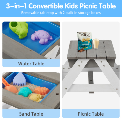 3-in-1 Kids Outdoor Wooden Picnic Table with Umbrella - Grey