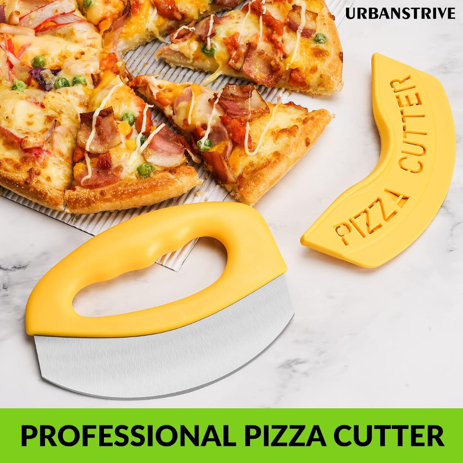 Heavy-Duty Stainless Steel Pizza Cutter Rocker with Blade Cover - Yellow