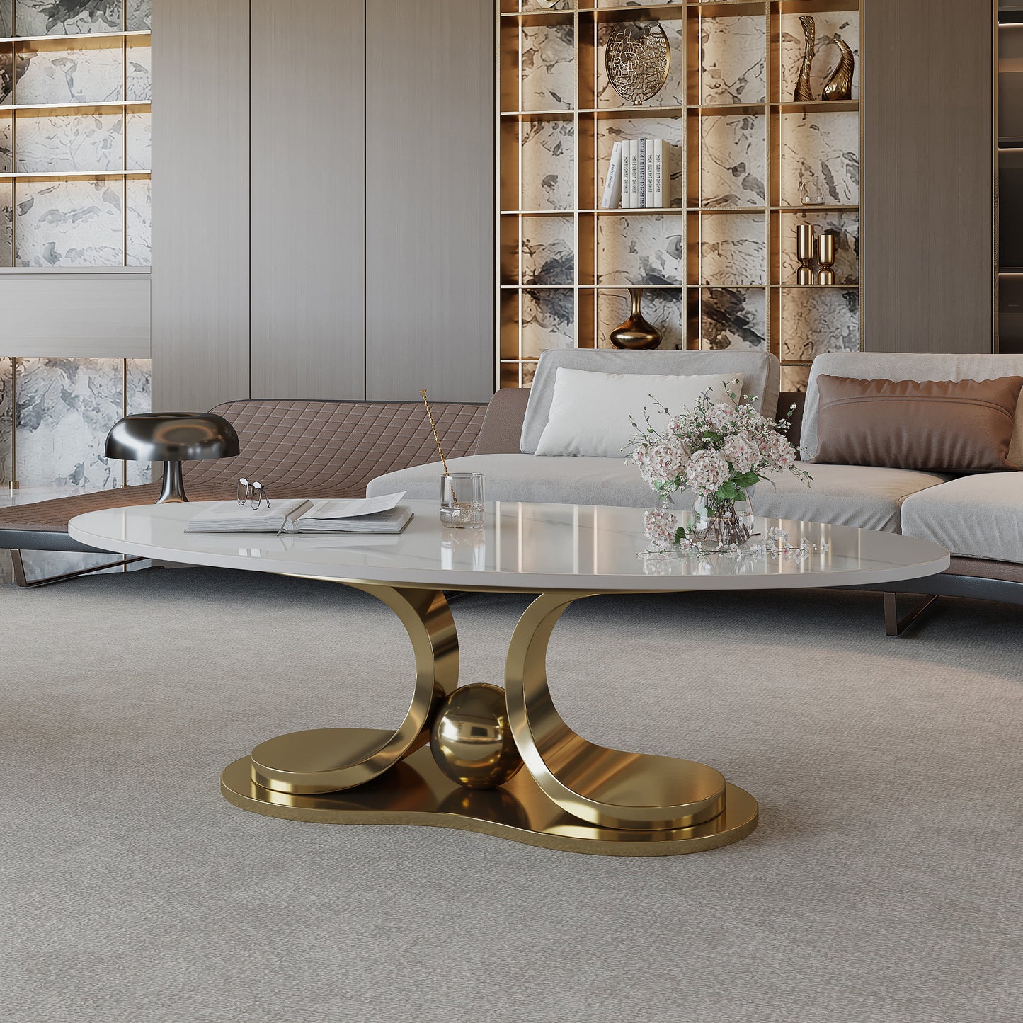 49.2" Modern Faux Marble Coffee Table - Gold & White