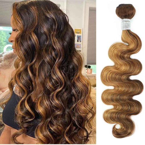 ALHER #P4/27 Honey Blonde Highlight Bundle 30 Inch Body Wave, 12A 100% Brazilian Remy Real Human Hair Piano Color Highlight Brown Balayage Ombre Colored Thick Single Bundle Wavy For Black Women