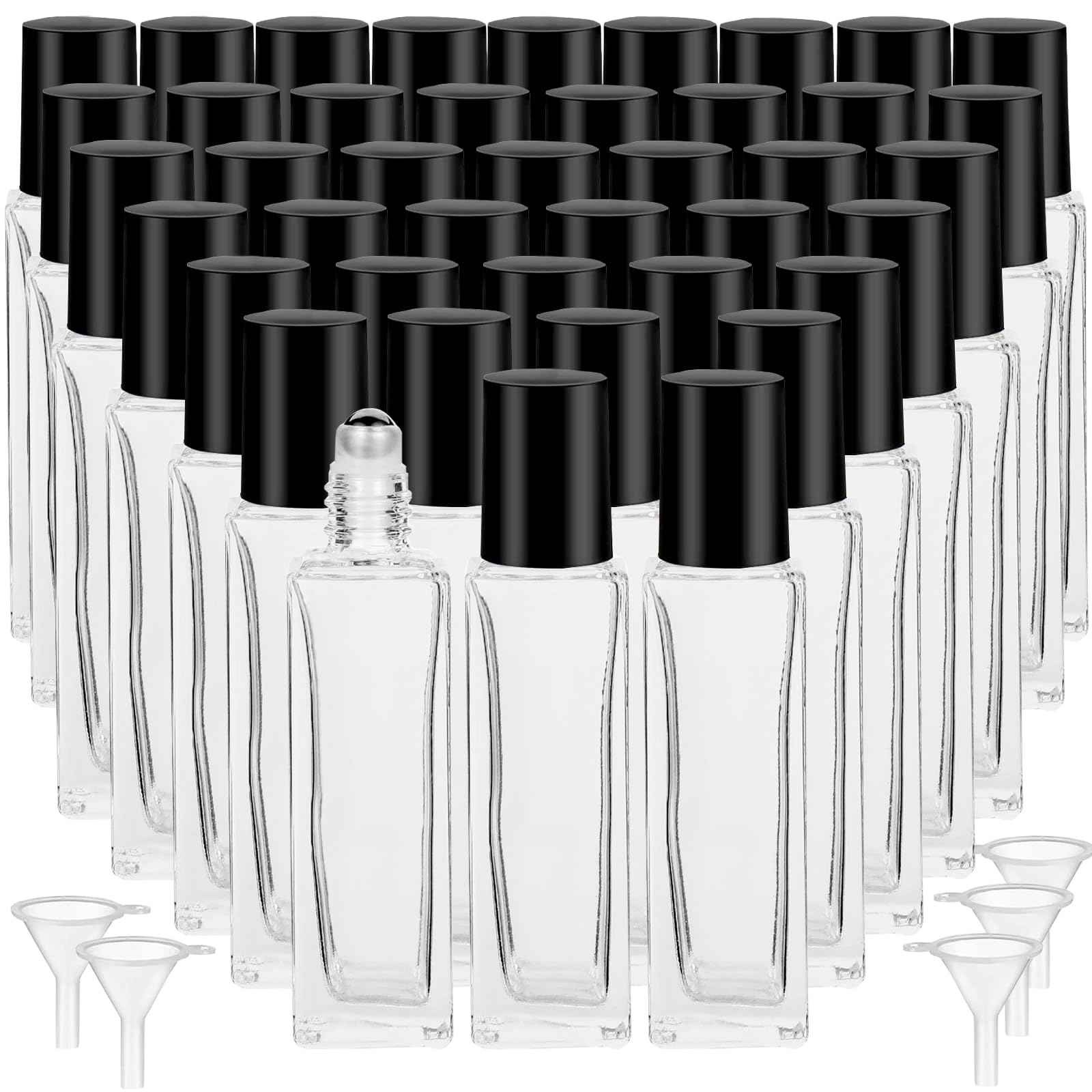 Hzmssore 100 Pcs 10 ml Roller Bottles for Essential Oils, Square Thick Empty Glass Roller Bottles with Stainless Steel Roller Balls Protection Leakproof with 5 Funnel for Travel, Black