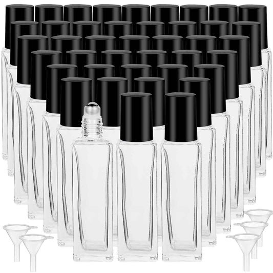 Hzmssore 100 Pcs 10 ml Roller Bottles for Essential Oils, Square Thick Empty Glass Roller Bottles with Stainless Steel Roller Balls Protection Leakproof with 5 Funnel for Travel, Black