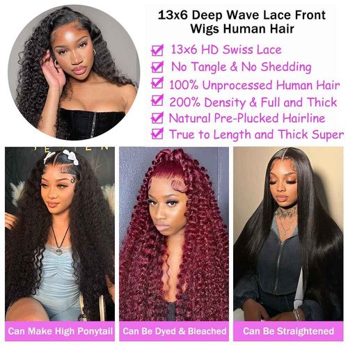 Dundix Deep Wave Lace Front Wigs Human Hair 13x6 HD Lace Front Wigs 200 Density Deep Curly Glueless Wigs Pre Plucked Curly Human Hair Wig for Women 16 Inch