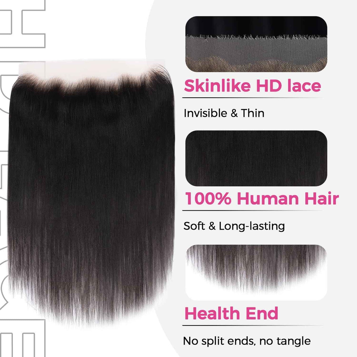 Lashey 13x4 SKINLIKE HD Lace Frontal, 0.10mm Ultra-Thin Invisible Real HD Frontal Pre Bleached Knots Pre Plucked Hairline Straight Human Hair 14 Inch Natural Black