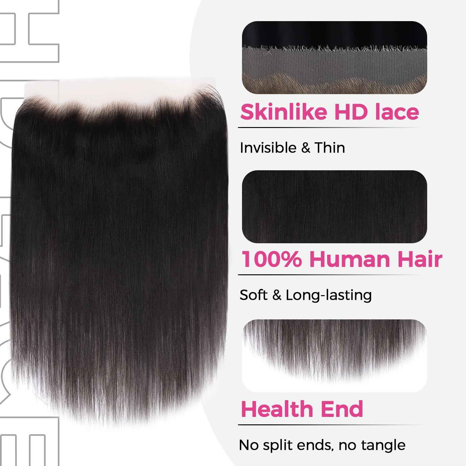 Lashey 13x4 SKINLIKE HD Lace Frontal, 0.10mm Ultra-Thin Invisible Real HD Frontal Pre Bleached Knots Pre Plucked Hairline Straight Human Hair 14 Inch Natural Black
