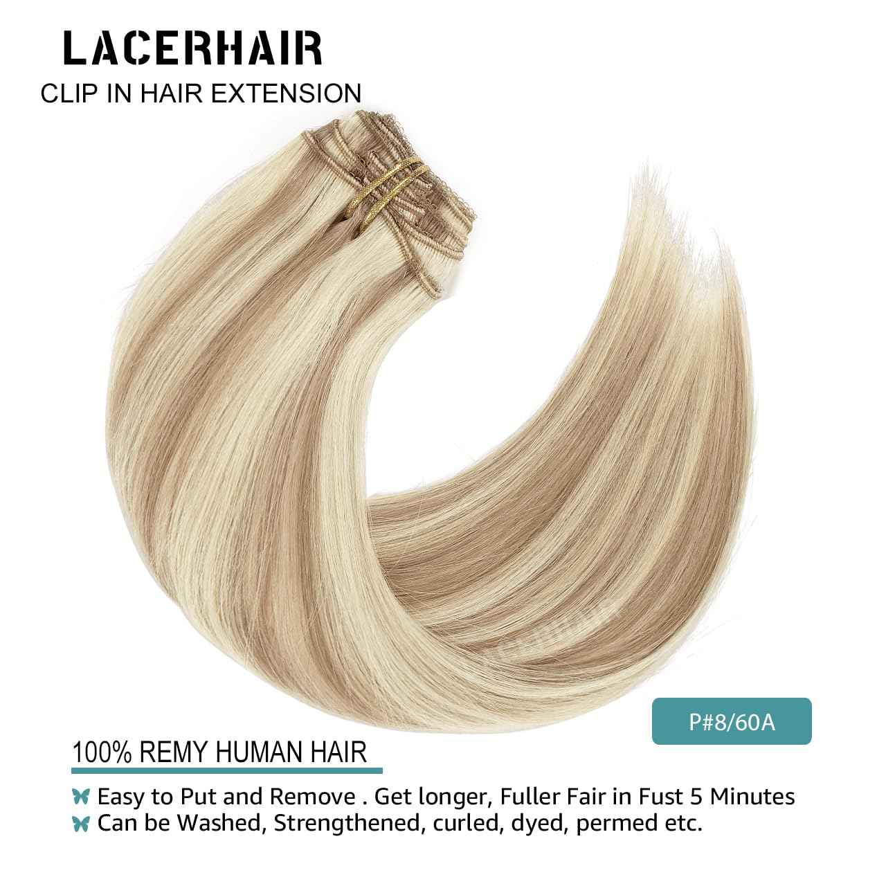 Lacer Clip In Hair Extensions Real Human Hair 20 Inch Light Brown Highlighted Platinum Blonde Thick Silky Straight Remy Human Hair Clip in Extensions 7 Pieces 120 Gram