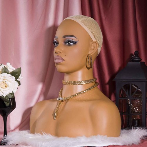 JINGFA PVC Premium Half Body Mannequin Head with Shoulders - Wig Head Stand Perfect for Displaying Wigs, Hats, and Jewelry- Medium Brown Realistic Makeup DH-YH2