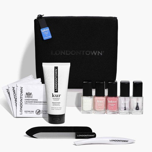 LONDONTOWN Discovery Set, Vegan Chip-Resistant Long-Lasting Nail Lacquer, Whipped Cloud Hand Cream, 2.5 fl oz, Conditioning lacquer remover pads.