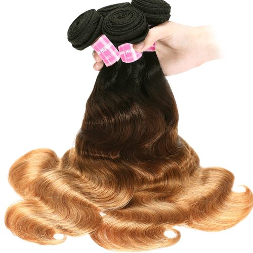 Sunber Ombre Brazilian Hair Bundles Body Wave 12A Grade Human Virgin Hair One Bundles 3 Tone 1B/4/27 Color Hair Extensions 18Inch T1B/4/27 Color