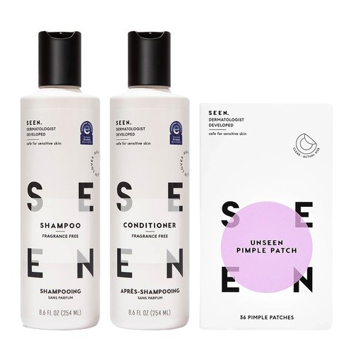 SEEN Acne-Safe Bundle - Fragrance Free- Shampoo, Conditioner & Pimple Patches – Non-Comedogenic, Dermatologist-Developed, Safe for Sensitive, Eczema & Acne-Prone Skin