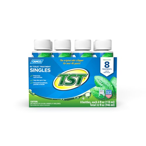 Camco TST Fresh Scent RV Toilet Treatment - Formaldehyde Free - Breaks Down Waste And Tissue, Septic Tank Safe - Treats up to 8-40 Gallon Holding Tanks - (8) 4 oz Bottles (40221)