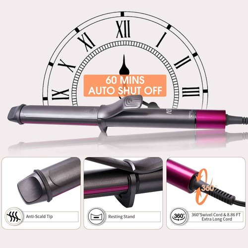 Nycoba 1 1/4 Inch Curling Iron, Ceramic Coated Hair Curling Wand, Rapid 430°F Heating, Temperature LED Display, 6 Temperature Settings, 60 Minutes Auto-Off, Red