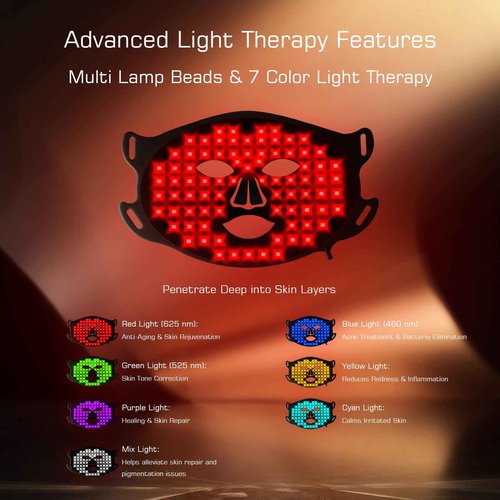 Eshomey Red LED Light Therapy Mask for Face, 7 Colors LED Face Mask Light Therapy with 91 LED, Rechargeable Led Face Mask for Anti Aging