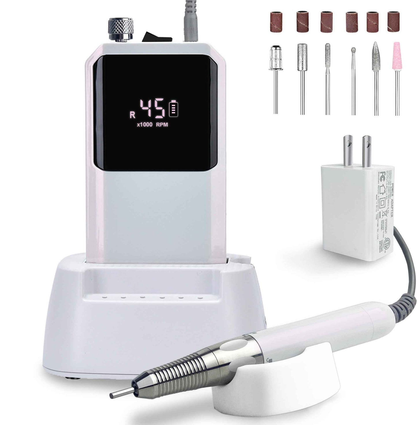 Lumcrissy Professional Nail Drill Machine - Cordless Brushless Motor Nail File, 45000 RPM 2*3500mAh Portable Efile for Acrylic Gel Nails with 6 Bits & ETL-Certified USB Charger for Salon & Home