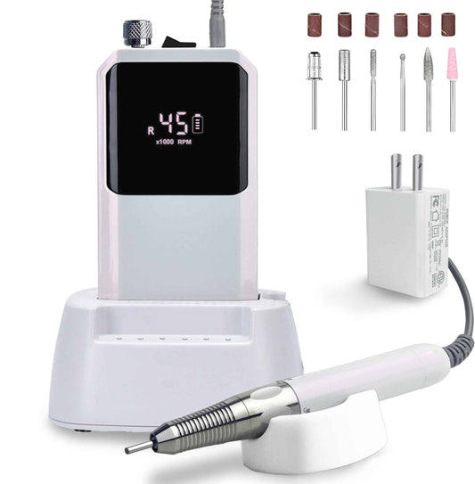 Lumcrissy Professional Nail Drill Machine - Cordless Brushless Motor Nail File, 45000 RPM 2*3500mAh Portable Efile for Acrylic Gel Nails with 6 Bits & ETL-Certified USB Charger for Salon & Home