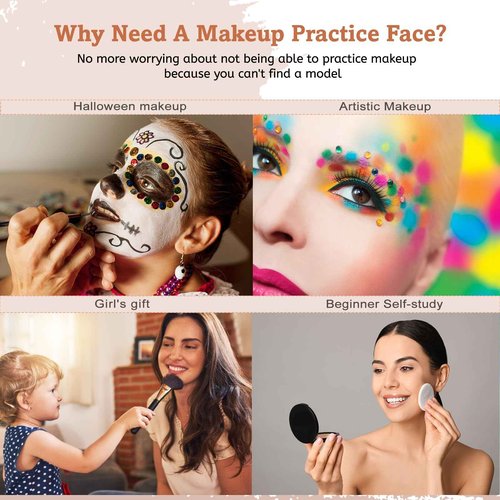 Silicone Makeup Practice Board - Full Face Mannequin with Makeup Kit, Face Gems, Brushes - Perfect for Beginners & Professionals