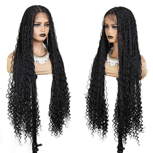 Sangtok Boho Braided Wigs for Black Women, 36 inch Knotless Full Lace Boho Box Braid Wig, Bohemian Curly Ended Double Full Lace Goddess Braided Wig