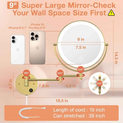 Benbilry 9" Large Wall Mounted Lighted Makeup Mirror, 1X/10X Magnifying 2-Sided AC Plug-in Powered Bathroom Mirror with 3 Color Lights, Touch Dimmable, Extended Arm 360° Rotation, Gold