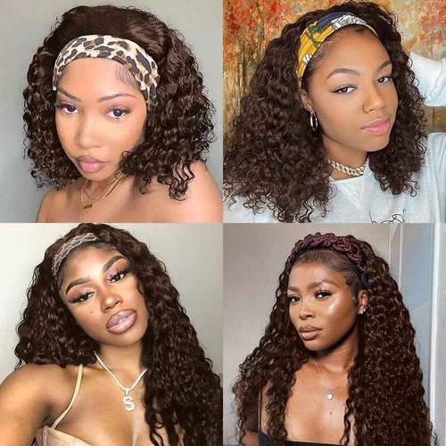 Chocolate Brown Deep Wave Headband Wig Human Hair #4 Colored Curly Headband Wigs for Black Women Human Hair Glueless None Lace Front Wigs Brazilian Virgin Hair Wig Machine Made 150% Density 22 Inch