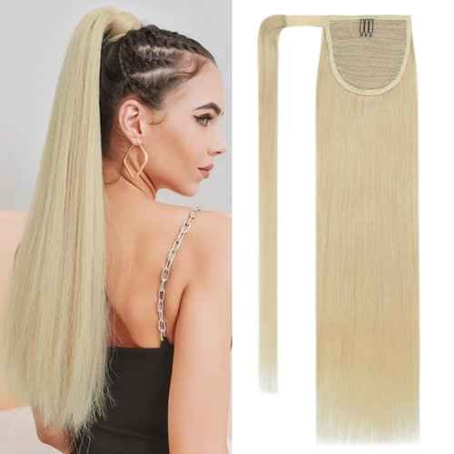 Benehair Ponytail Extension Wrap Around Ponytail Hair Extension with Magic Paste Human Hair Natural 14inch Long Straight One piece Hairpieces for Women Adding Volume Bleach Blonde #613