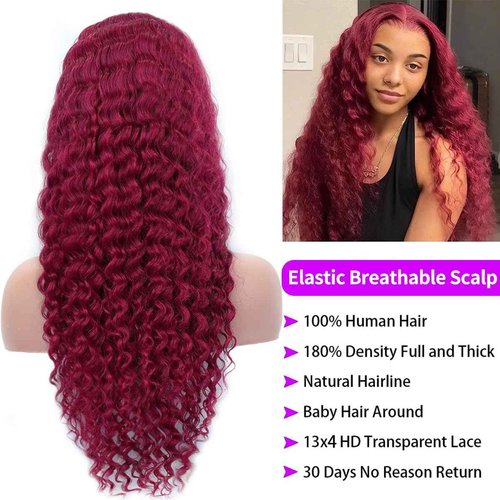 YFFSSJFC 99j Burgundy Lace Front Wigs Human Hair 13x4 Frontal Transparent Lace Deep Wave Wig Human Hair Red Frontal Wigs Human Hair (22 Inch)