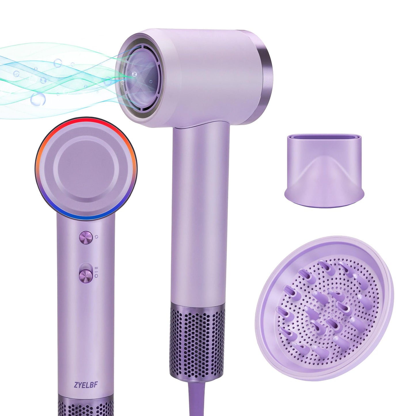 Professional Ionic Hair Dryer, 150000 RPM High-Speed Brushless Motor, Negative Ionic, Thermo Control, with Magnetic Diffuser and Nozzle Gift Box Packaging for Christmas (Purple)