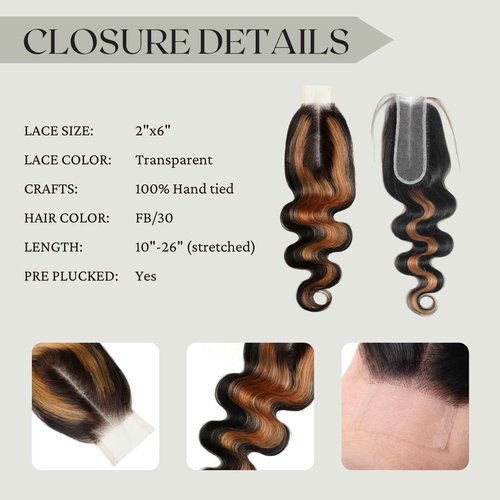 BQRIH F1B/30 Brown Highlighted 2x6 HD Closure Only Body Wave Human Hair 16 Inch, 12A 100% Virgin Remy Deep Middle Part Ombre Honey Blonde Highlight 2by6 Kim K Lace Closure Pre Plucked For Women Sew In
